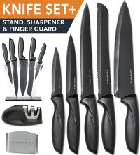 HomeHero 5 piece Stainless Steel Sharpener and Block Kitchen Knife Set with Finger Guard